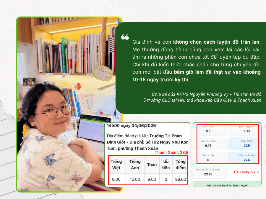 Thành tích của Phương Vy và chia sẻ của gia đình về phương pháp học không luyện đề tràn lan
